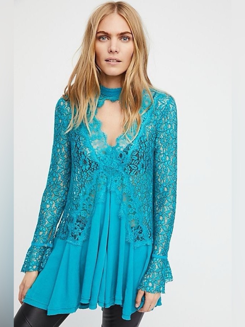 Intimately by Free People S Tell Tale Teal Lace Overlay Tunic Top